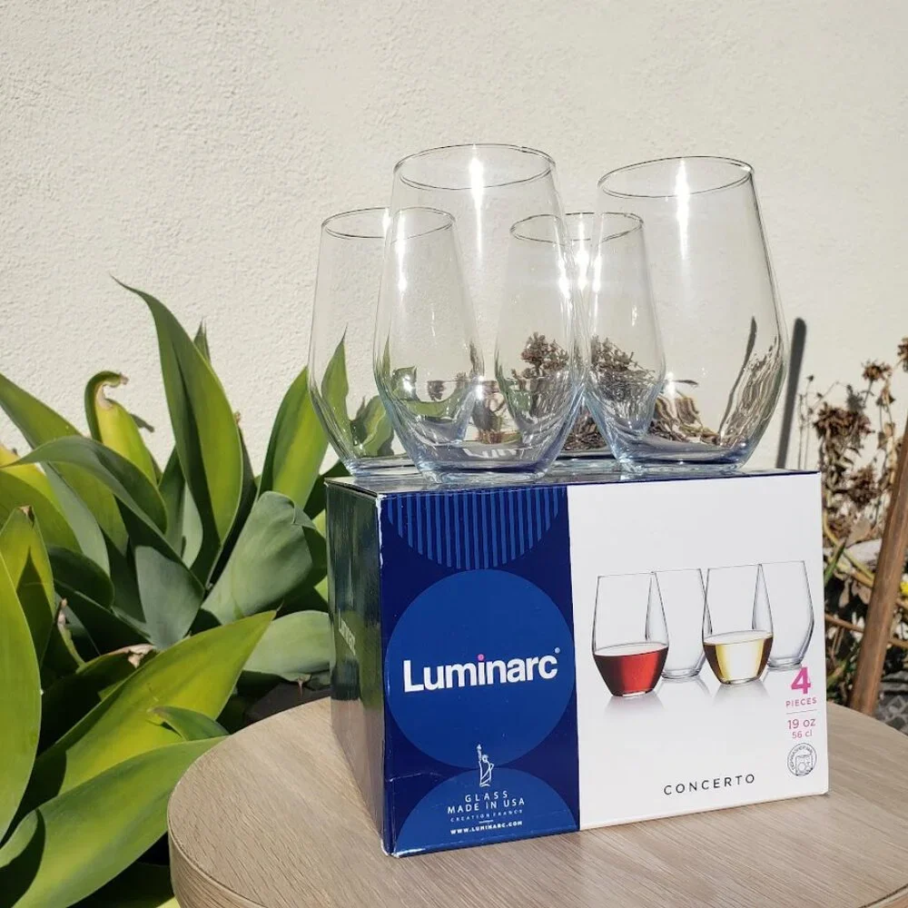 NEW set of 4 Luminarc glass stem less wine glasses cups Barware 19 ounces Comes